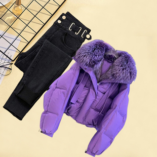 紫色毛领加绒加厚棉服外套女冬季保暖羽绒百搭高腰修身牛仔裤