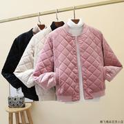 潮牌2023冬季韩版菱格bf棒球服棉衣外套女短款金丝绒原宿棉服