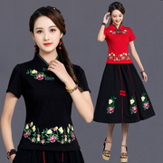 中国风春夏女装民族风女装，上衣复古立领，打底衫短袖t恤棉修身