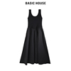 Basic House/百家好纯色针织连衣裙黑色时尚拼接背心小黑裙夏季
