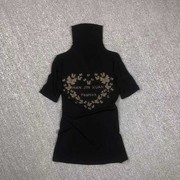 欧洲站高领短袖女洋气小衫t恤时尚网纱，黑色女装上衣打底衫潮