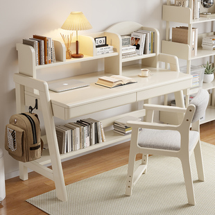 北欧白色实木书桌书架一体，桌简约学生家用学习桌卧室电脑桌儿童