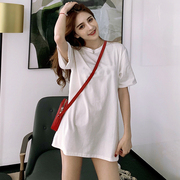 韩国2024夏季白色短袖体恤，中长款韩版宽松纯棉显瘦t恤女上衣