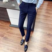 西裤男夏季英伦风裤子，藏蓝色竖条纹垂感西装裤，年修身休闲长0427q