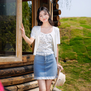 ATAR2025夏季女蕾丝花边短袖针织开衫印花吊带牛仔半身裙子套装裙