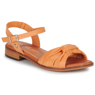 bettylondon女鞋低跟一字式扣带真皮露趾凉鞋，罗马风橙色夏季