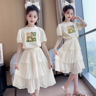 女童连衣裙夏装洋气儿童裙子夏季公主裙蛋糕，裙大童短袖套裙两件套