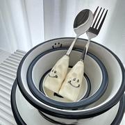 可爱304不锈钢餐具勺子叉子套装可立笑脸叉勺儿童吃饭调羹ins创意