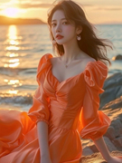 夏连衣裙橘色雪纺泡泡袖碎花裙女装高端精致法式绝美仙气长裙