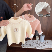 1-6岁女宝宝高级质感坑条毛衣，女童秋冬装3女婴儿一体绒针织打底衫