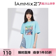 IAmMIX27宽松圆领T恤女夏短袖原创不对称中长款全棉休闲印花上衣