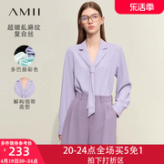 Amii飘带雪纺衫女2024春季洋气独特别致上衣宽松衬衫长袖紫色