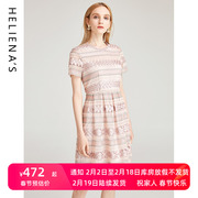 海兰丝HOT夏季气质短袖A字裙子小个子甜美粉色蕾丝连衣裙