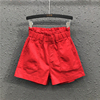 红色休闲阔腿裤热裤女士夏季欧货个性大口袋高腰宽松牛仔短裤