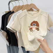 纯棉女童短袖t恤2024夏装韩版儿童修身小短款洋气，上衣中大童