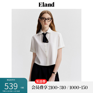 Eland衣恋白色短袖衬衫女蝴蝶结领带雪纺衫上衣2024夏季