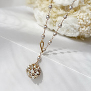 韩国手工系米白珍珠圆形项链双面花朵钻饰水晶毛衣链KN6437