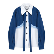 s1411蓝色条纹单排扣衬衫，秋直播货源，女装实体店衬衣