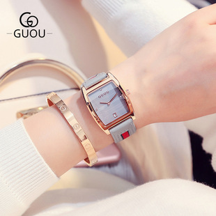 guou方形金框钢带女款手表，时尚皮带四刻度，简约表盘带日历手表女表