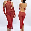 红色镂空网纱针织露背半袖，套装紧身收腰连衣裙女圆领露肩包臀裙
