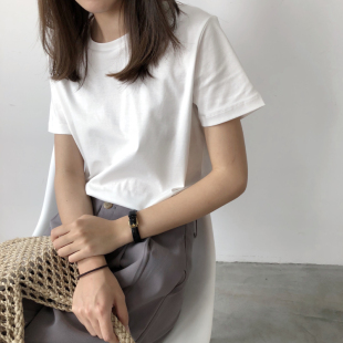 棉质直筒t恤女短袖2020年夏季纯色圆领百搭显瘦常规打底白色T