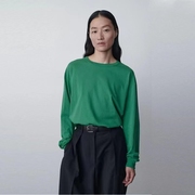 女士外贸TR绿色白色黑色简约阔型螺纹袖口棉质圆领纯色长袖T恤