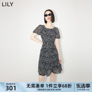 LILY夏女装时尚浪漫印花泡泡袖优雅短款高腰连衣裙女