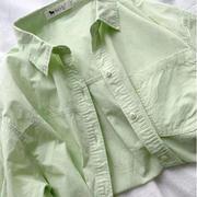 超显白甜美清新浅绿色纯棉衬衣女内搭叠穿打底长袖小个子衬衫外穿