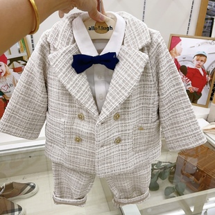 韩国童装23冬男宝童纯棉，长袖衬衣格呢西装外套绅士三件套装