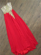 0212a大红色抹胸雪纺新娘，结婚手工钉珠外贸，长款晚礼服裙宴会年会