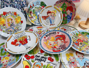 （）好看的盘~荷兰太太卡通手绘插画釉中彩陶瓷菜盘甜品盘