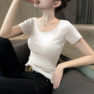 双U领短袖T恤女2024夏季白色低领薄款紧身洋气螺纹针织短袖T恤女
