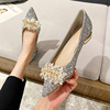 银色低跟尖头婚鞋新娘鞋水晶，订婚鞋2024仙女风平底法式单鞋女