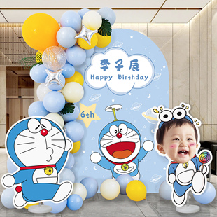 哆啦A梦主题男女孩6周岁生日布置场景装饰叮当猫背景kt板气球套餐