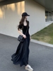 高个子(高个子)加长黑色短袖，连衣裙女夏款方领气质超长款大摆裙高级感长裙