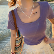 方领短袖t恤女2024紫色，半袖体恤修身夏季大领口，正肩短款上衣