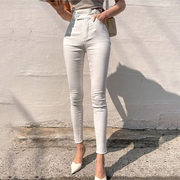 时尚舒适潮流女装士夏季弹力显瘦一粒扣~白色高腰小脚牛仔裤长裤