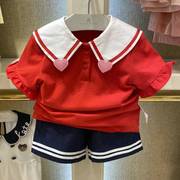 A棉TW小熊童装夏款女童海军风娃娃领儿童短袖T恤宝宝海军领上衣