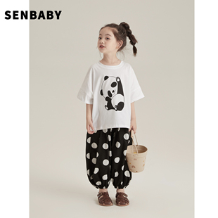 Senbaby童装定制儿童腔调套装女童可爱熊猫短袖T恤＋大波点防蚊裤