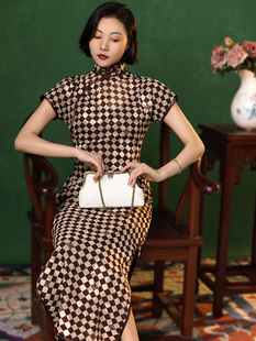 2023夏老上海中式名媛优雅简约长款传统旗袍露背定制女装古典格子