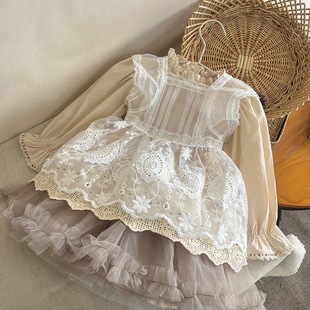 女童娃娃衫蕾丝2024春韩版洋气，儿童宫廷公主，风白色罩衫衬衫