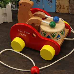 儿童益智力木质拖拉学步车，2-3-6岁宝宝拉线，小拖车玩具小熊敲鼓车