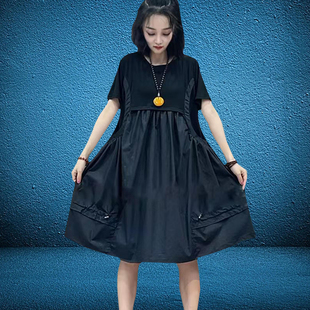 2023年夏季韩版大码中长款黑色时尚圆领套头短袖大摆荷叶边连衣裙