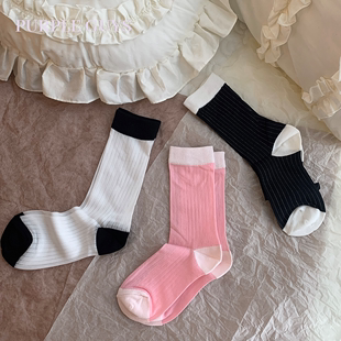 purpleguys粉色抽条，薄袜子女夏季黑白拼接个性，小众ins中筒堆堆袜