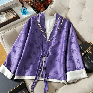 24春季新女式外套 南油品质真丝提花紫色国风唐装外套正反两穿