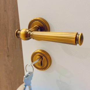 美式复古黄古铜双开门分体轻奢北欧法式磁吸静音室内房门锁三件套