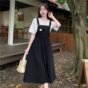 夏季韩版短袖t恤森系，学院风收腰显瘦中长款背带连衣裙套装女