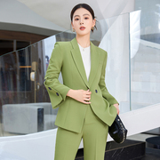时尚韩版绿色西装外套女通勤减龄设计感英伦风西服微喇裤两件装潮