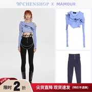 CHENSHOP设计师品牌MAMOUR针织镂空蝴蝶结长袖针织衫紧身牛仔裤