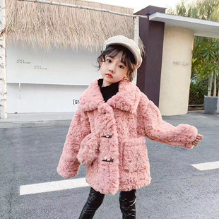 女童獭兔毛皮草外套，22冬季年款韩版带小包加绒加厚中大童短款大衣